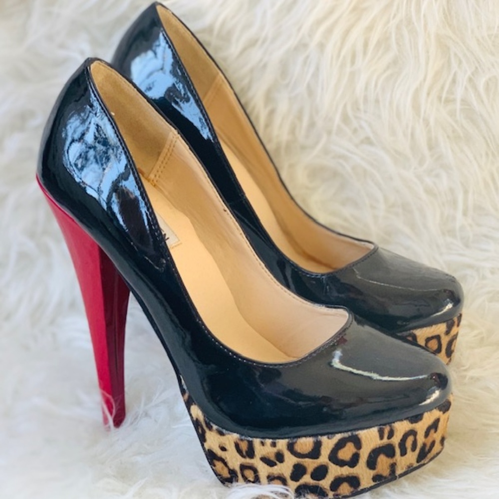 Steve Madden P-LADY Black Red Leopard Print Pumps
